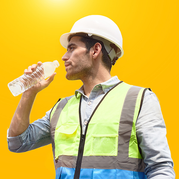Man dressed in a safety vest wearing a hard hat drinking a bottle of water